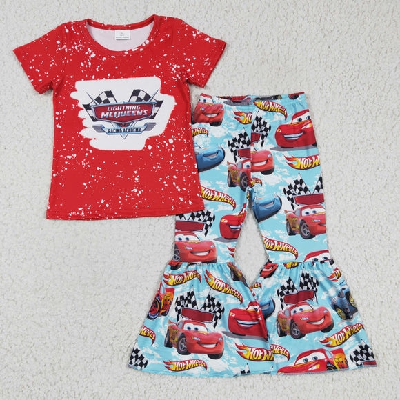 Cartoon Car Red Girls Short Sleeve+Trousers Sets