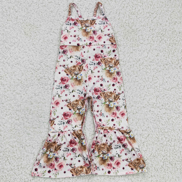 Highland Cow Floral Pink Girls Jumpsuit