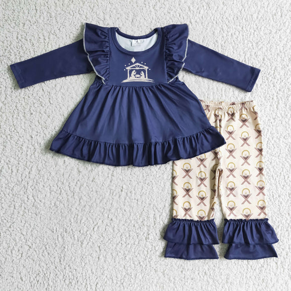 Promotional Navy Ruffles Girls Christmas Outfits