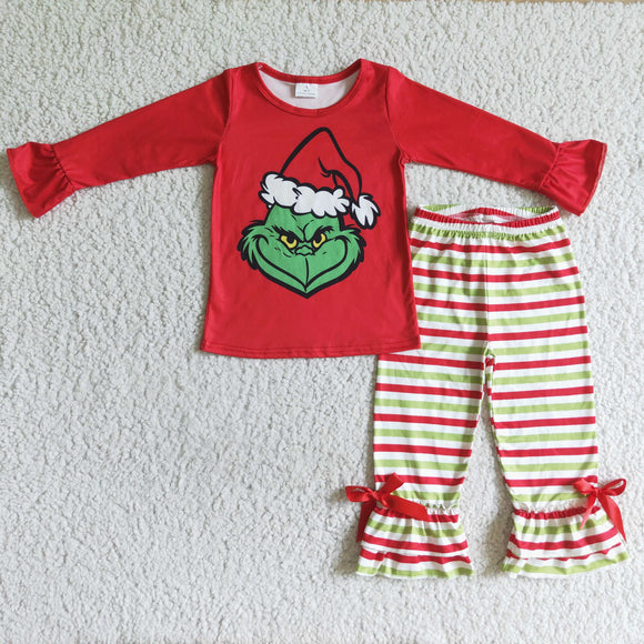 Cartoon Bows Red Green Stripes Girls Christmas Outfits
