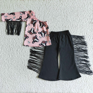 Promotional One Shoulder Cow Tassels Pink Girls Long Sleeve+Trousers Sets