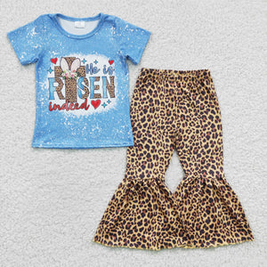 He is risen indeed Leopard Print Blue Girls Easter Outfits