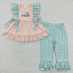 Cow Truck Green Plaid Pink Girls Short Sleeve+Trousers Sets