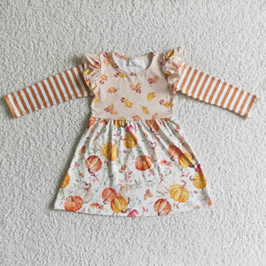 Promotional Pumpkin Leaves Stripes Girls Long Sleeve Dress