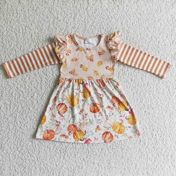 Promotional Pumpkin Leaves Stripes Girls Long Sleeve Dress