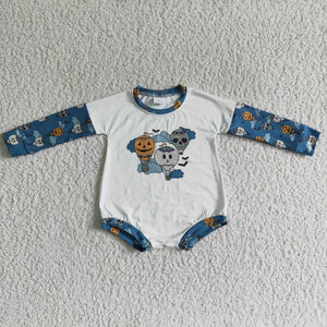 Pumpkin Skull Balloon Blue White Halloween Romper