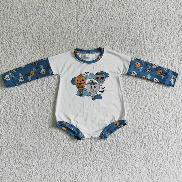 Pumpkin Skull Balloon Blue White Halloween Romper