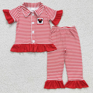 Cartoon Red Stripe Girls Short Sleeve Pajamas