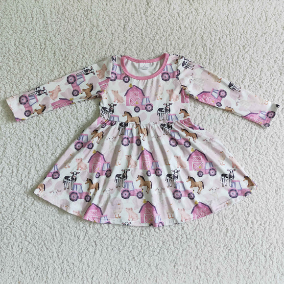 Promotional Farmlife Animals Pink Girls Long Sleeve Dress