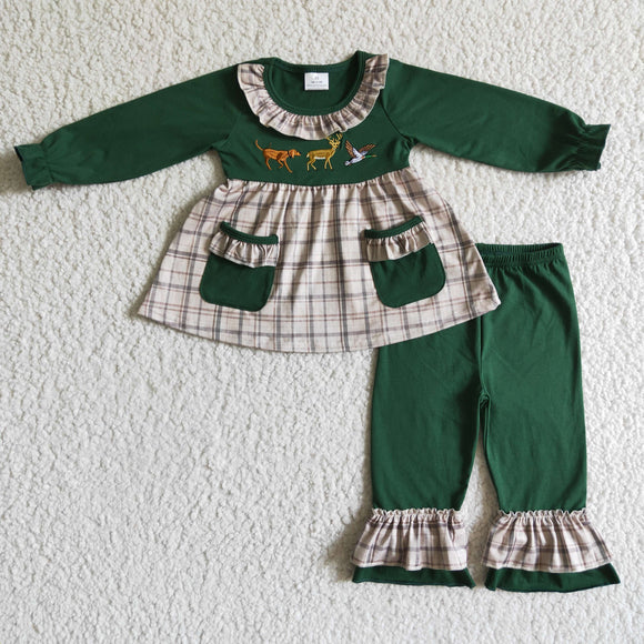 Dog Deer Duck Pockets Plaid Green Girls Christmas Outfits