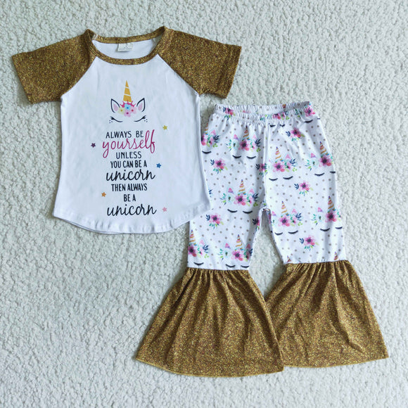 Promotional Unicorn Gold Girls Short Sleeve+Trousers Sets