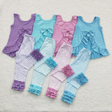 Stripe Solid Ruffles Blue Girls Short Sleeve+Trousers Sets