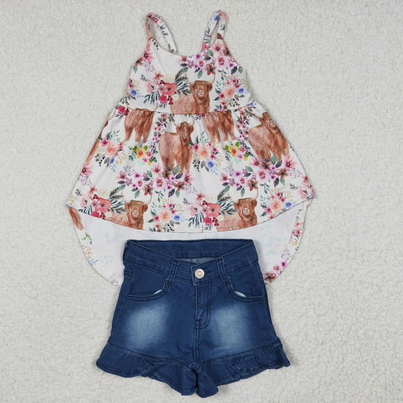 Highland Cow Floral Bleached Jeans Girls Shorts Sets