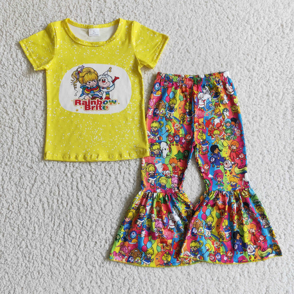 Promotional Cartoon Yellow Girls Short Sleeve+Trousers Sets