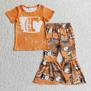 Baseball Team Letters Orange Girls Short Sleeve+Trousers Sets