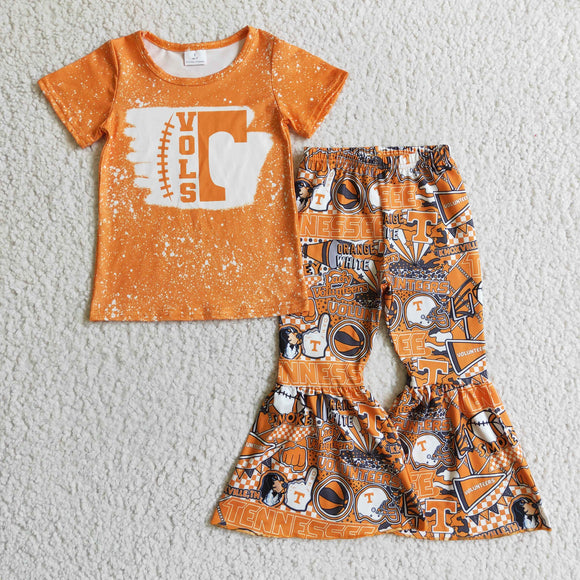 Baseball Team Letters Orange Girls Short Sleeve+Trousers Sets