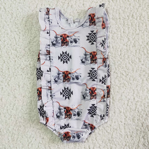 Aztec Highland Cow White Girls Swimsuits
