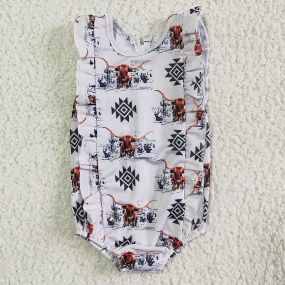 Aztec Highland Cow White Girls Swimsuits