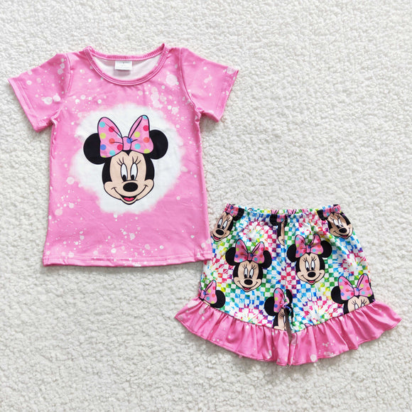 Cartoon Colorful Plaid Pink Girls Shorts Sets