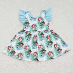 Promotional Cartoon Fish Mermaid Blue Girls Flutter Sleeve Dress