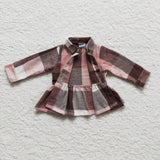 Pink Brown Plaid Dress Shirt Girls Long Sleeve Top