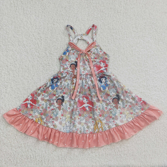 Cartoon Princess Floral Ruffles White Girls Sleeveless Dress