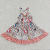 Cartoon Princess Floral Ruffles White Girls Sleeveless Dress