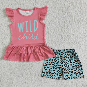 Promotional Wild Child Leopard Print Girls Shorts Sets