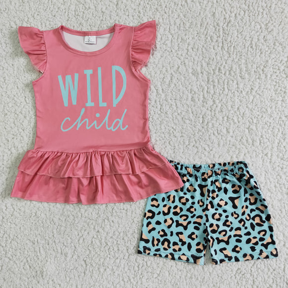 Promotional Wild Child Leopard Print Girls Shorts Sets