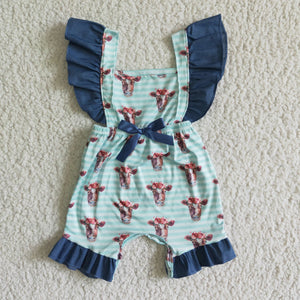 Baby Girls Floral Cow Navy Ruffles Summer Romper