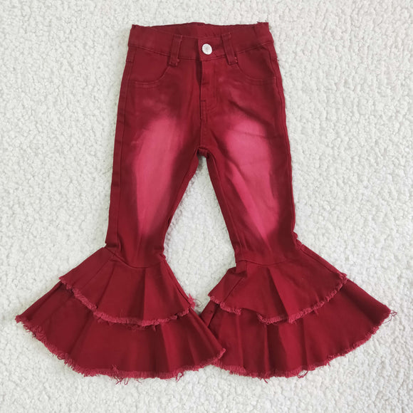 Wine Red Bleached Flared Girls Jeans Pants