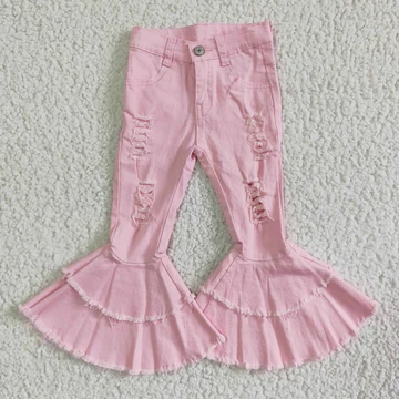 Pink Distressed Flared Girls Jeans Pants