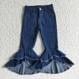 Asymmetric Double Ruffles Flared Girls Jeans Pants