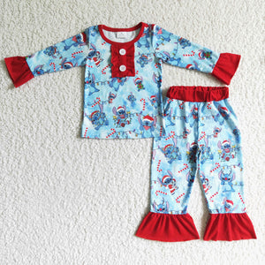 Cartoon Characters Red Ruffles Blue Girls Christmas Pajamas