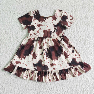 Promotional Cow Print Brown Bows Girls Short Sleeve Dress