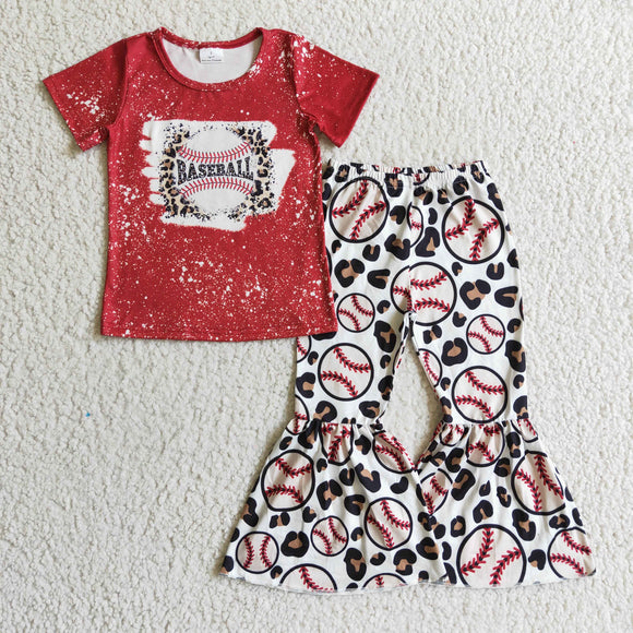 Baseball Letters Leopard Print Red Girls Short Sleeve+Trousers Sets