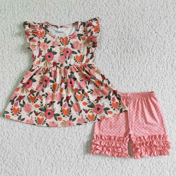 Promotional Coral Floral Polka Dots Girls Shorts Sets