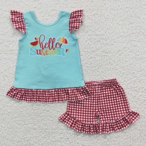 Promotional Hello Summer Red Plaid Girls Shorts Sets