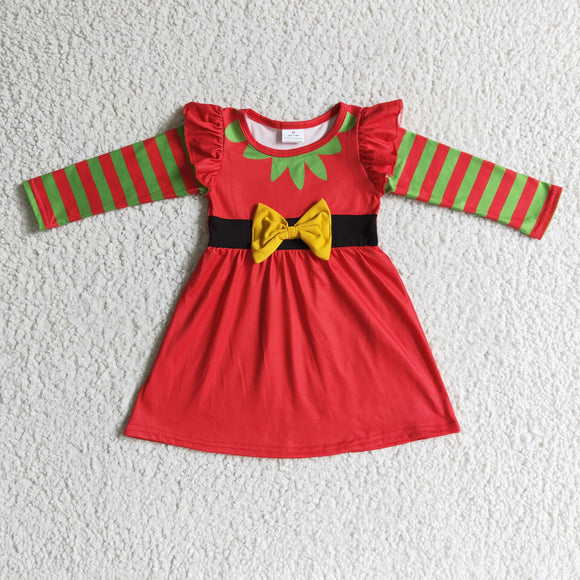 Cartoon Bow Stripe Red Girls Christmas Dress