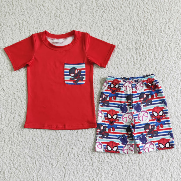 Cartoon Red Stripes Pocket Boys Shorts Sets