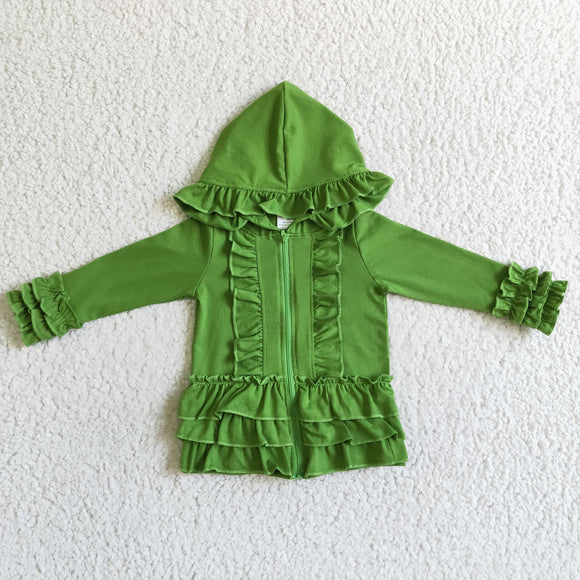 Solid Green Ruffle Girls Hoodie Top