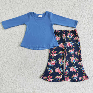 Promotional Solid Color Blue (4 colors series)Floral Girls Long Sleeve+Trousers Sets