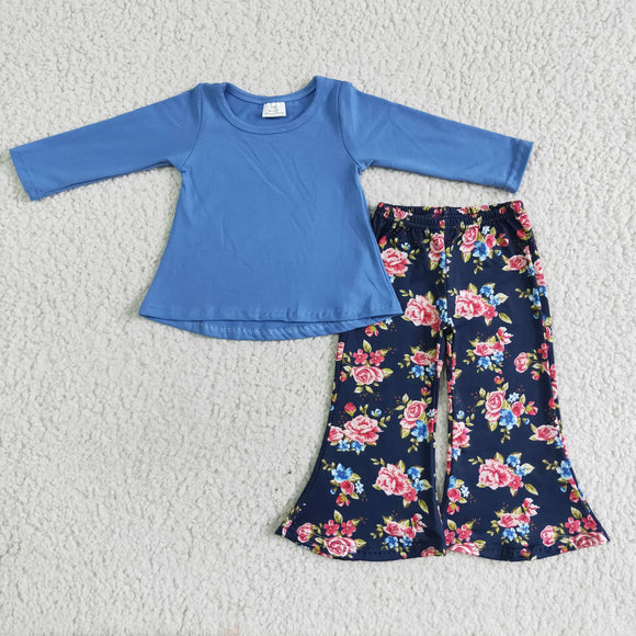 Promotional Solid Color Blue (4 colors series)Floral Girls Long Sleeve+Trousers Sets