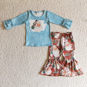 Promotional Santa Sky Blue Brown Girls Christmas Outfits