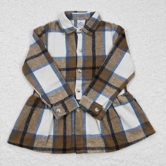 Brown White Plaid Dress Shirt Girls Long Sleeve Top