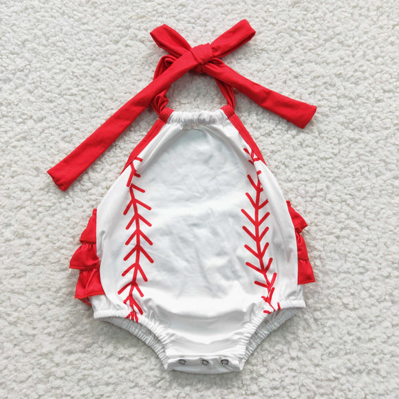 Baseball Red Ruffles White Girls Summer Romper