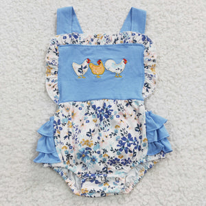 Floral Chicken Sky Blue Girls Summer Romper