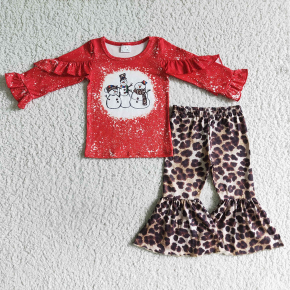 Promotional Snowman Leopard Print Red Girls Christmas Outfits