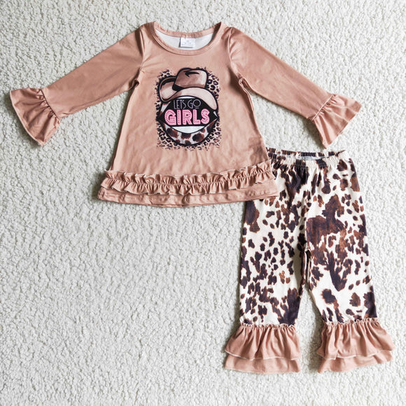 Let's go girls Letters Cow Print Khaki Girls Long Sleeve+Trousers Sets