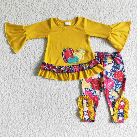 Promotional Three Pumpkins Embroidery Floral Legging Yellow Girls Long Sleeve+Trousers Sets